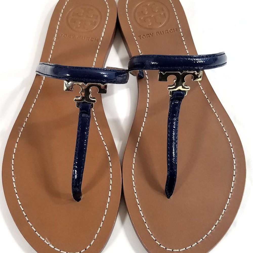 Tory Burch Blue Patent T Logo Gold Sandals